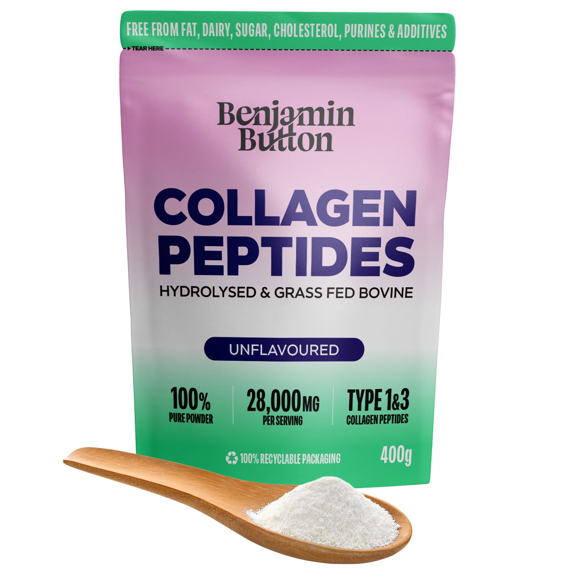 Hovězí kolagenový prášek - 95 % bílkovin, 400 g bez příchuti | Benjamin Button