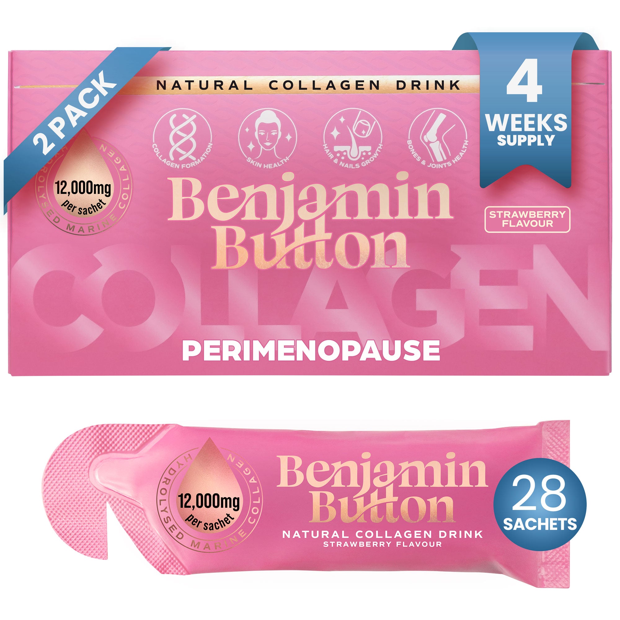 Perimenopause Kollagen Erdbeer Sachets – 14er Pack (2 Wochen Vorrat) – 12.000 mg Meereskollagen mit Mönchspfeffer, Vitaminen & Hyaluronsäure