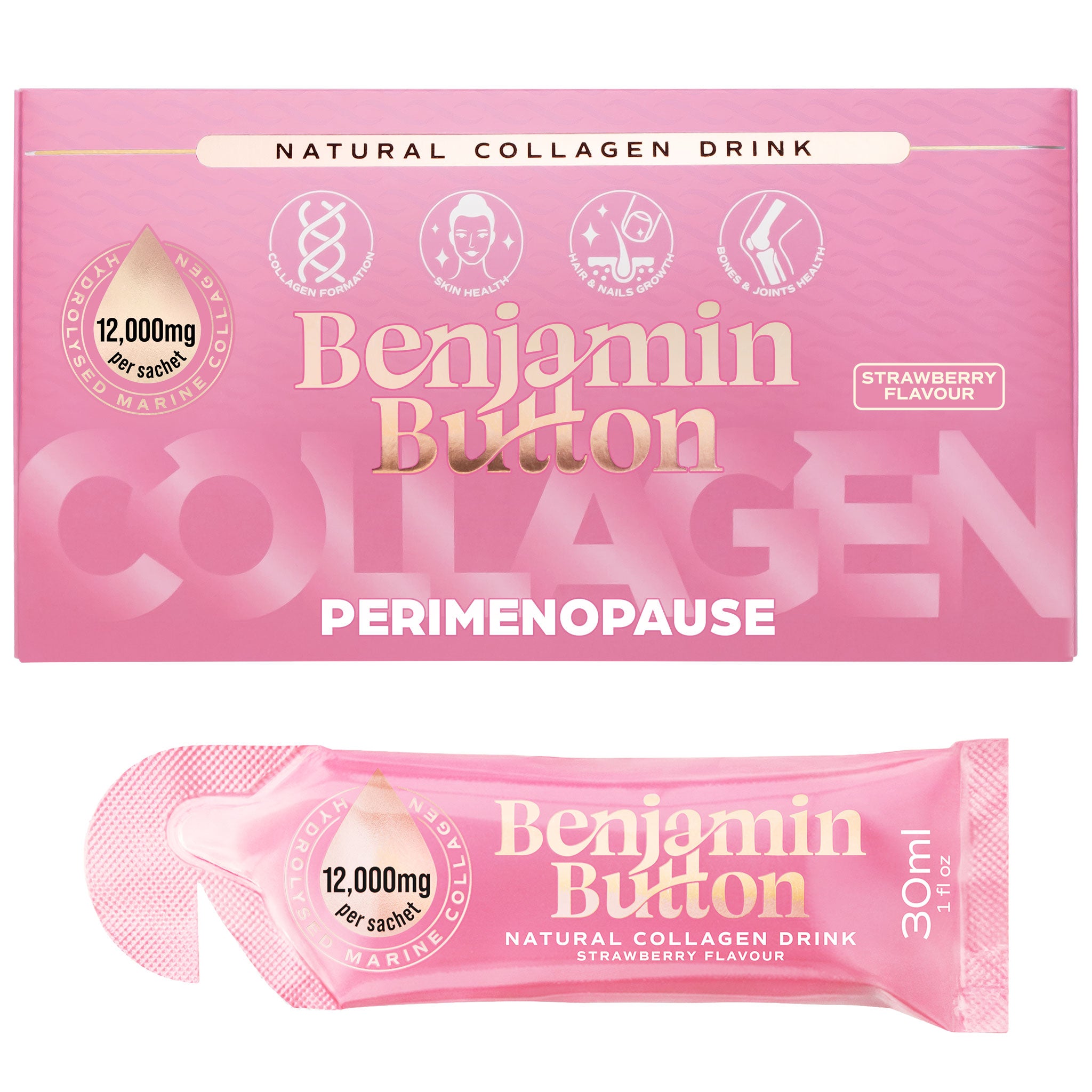 Perimenopause Kollagen Erdbeer Sachets – 14er Pack (2 Wochen Vorrat) – 12.000 mg Meereskollagen mit Mönchspfeffer, Vitaminen & Hyaluronsäure