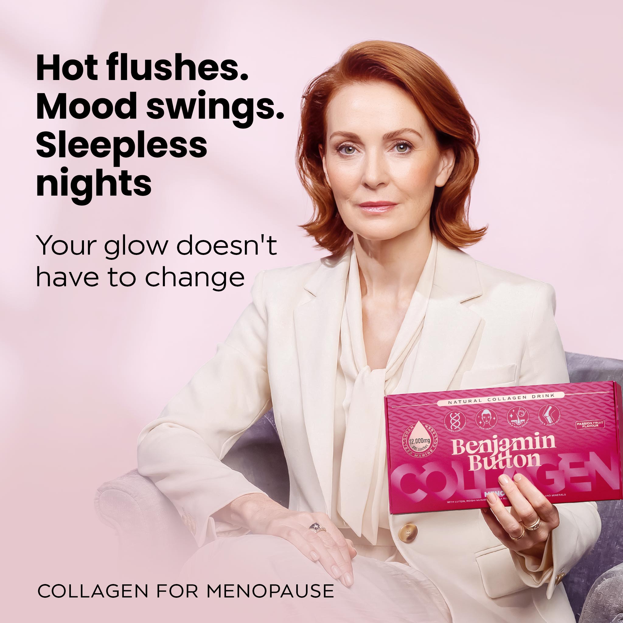 Menopause Kollagen Passionsfrucht Sachets – 14er Pack (2 Wochen Vorrat) – 12.000 mg Meereskollagen mit Rotklee, Vitaminen & Maca