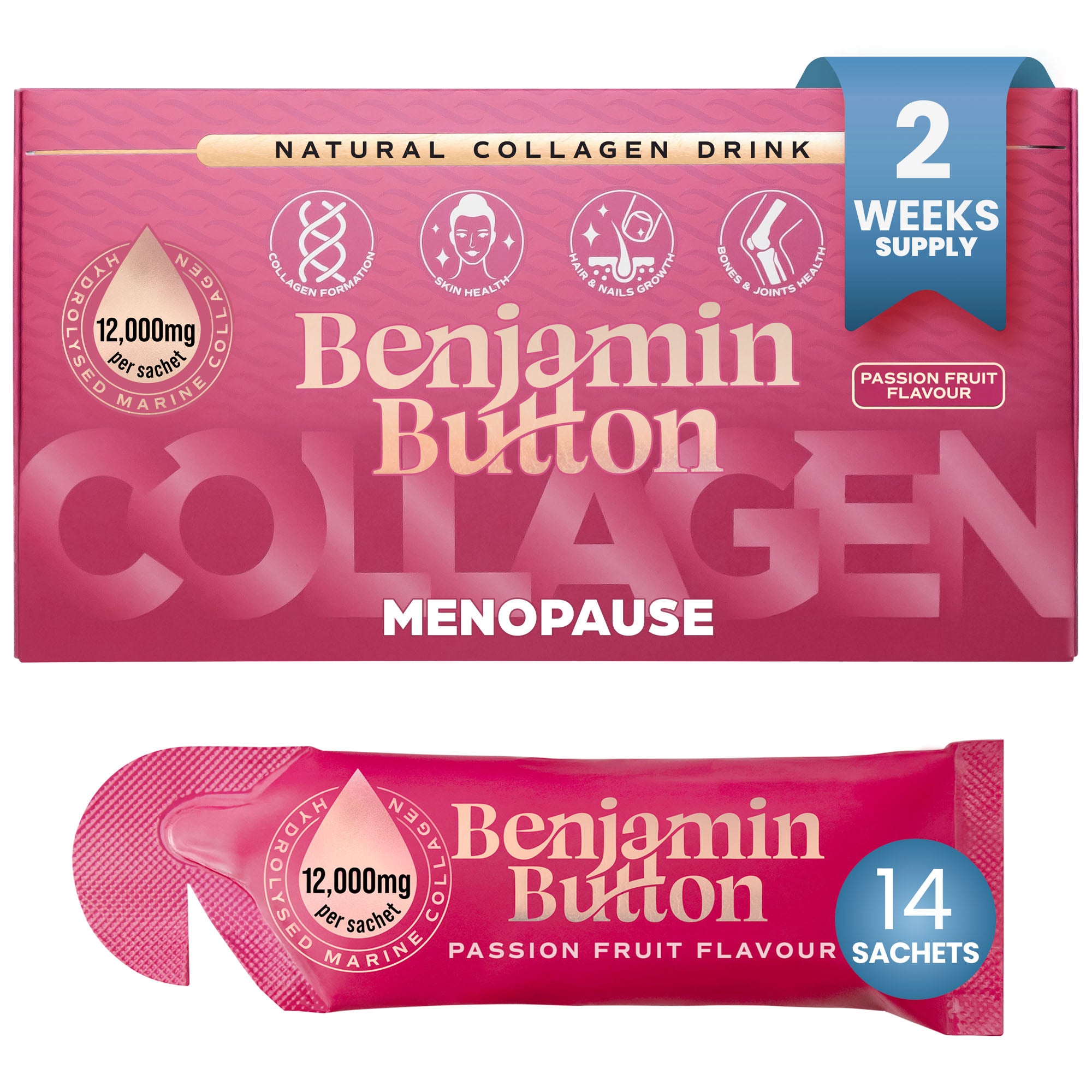 Sáčky Menopauza Kolagen Marakuja – balení 14 kusů (zásoba na 2 týdny) – 12 000 mg mořského kolagenu s červeným jetel, vitamíny a maca