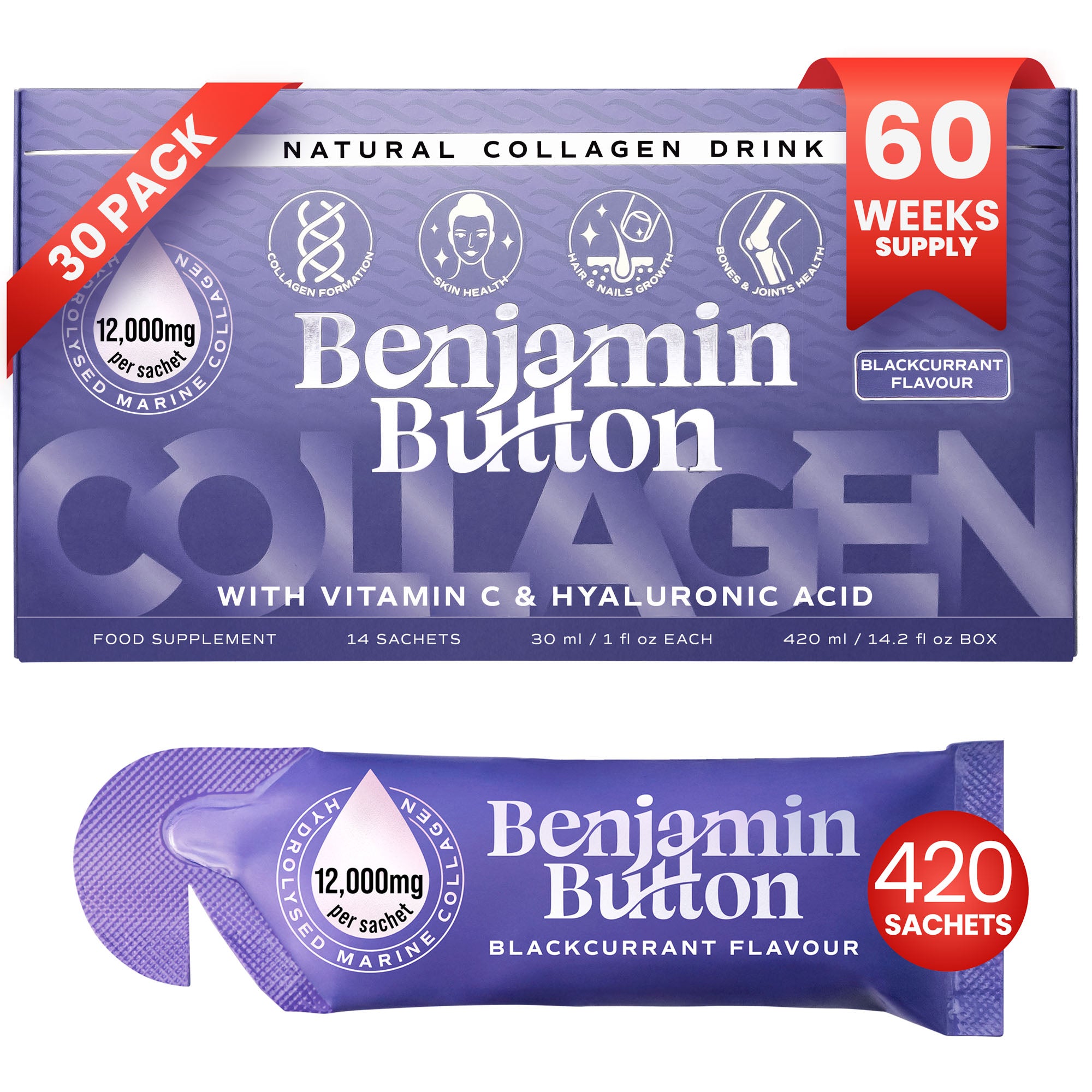 420x Schwarze Johannisbeere 12,000mg Meereskollagen Flüssigbeutel