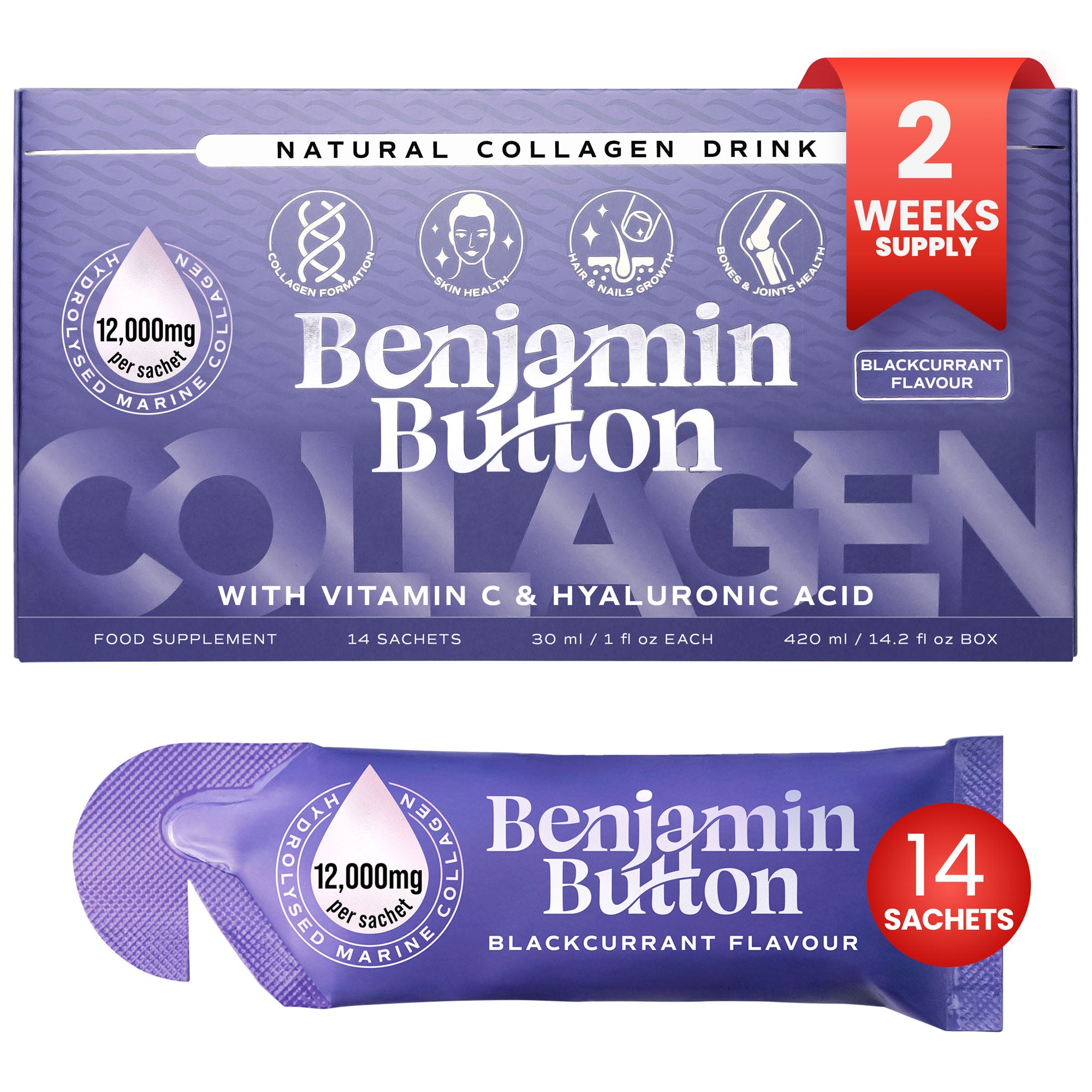 14x Schwarze Johannisbeere 12,000mg Meereskollagen Flüssig-Sachets