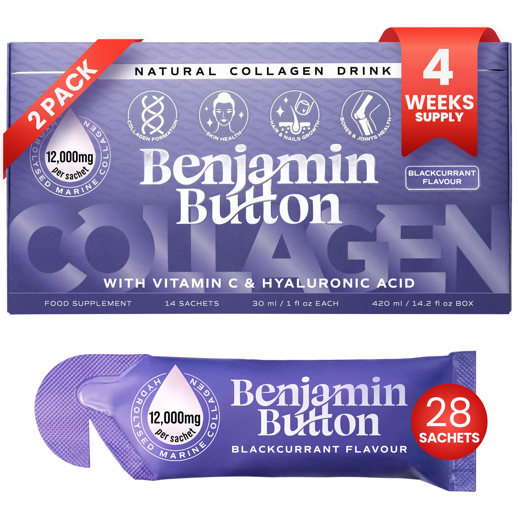 28x Schwarze Johannisbeere 12,000mg Meereskollagen Flüssig-Sachets