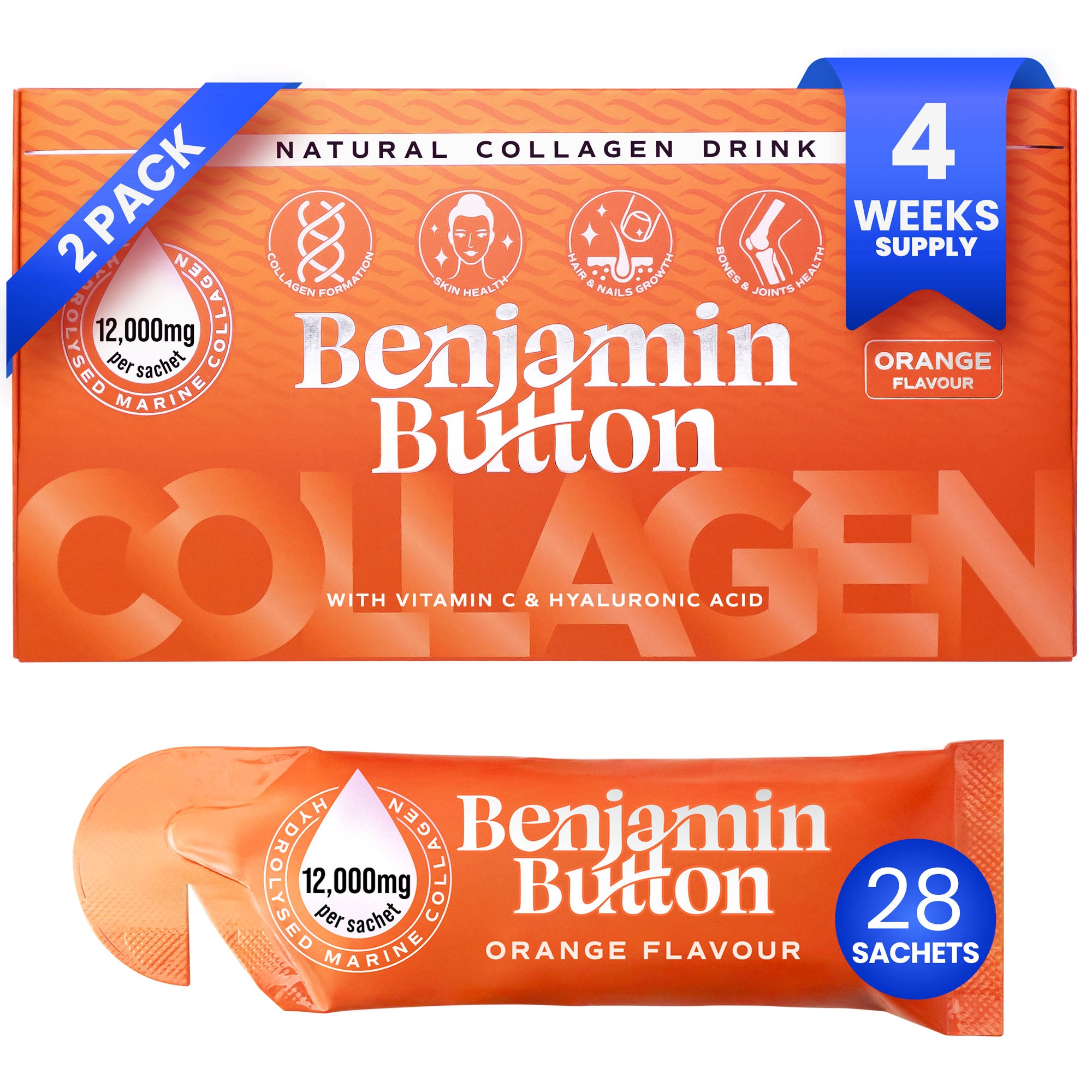 28x Orange 12.000 mg Meereskollagen Flüssigkeitsbeutel