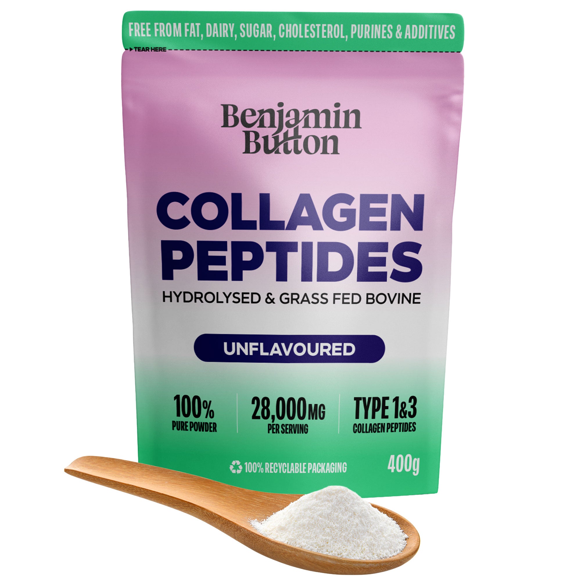 Rinderkollagenpulver - 95% Protein, 400g Geschmacksneutral | Benjamin Button