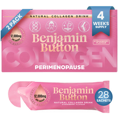 Perimenopause Kollagen Erdbeer Sachets – 14er Pack (2 Wochen Vorrat) – 12.000 mg Meereskollagen mit Mönchspfeffer, Vitaminen & Hyaluronsäure