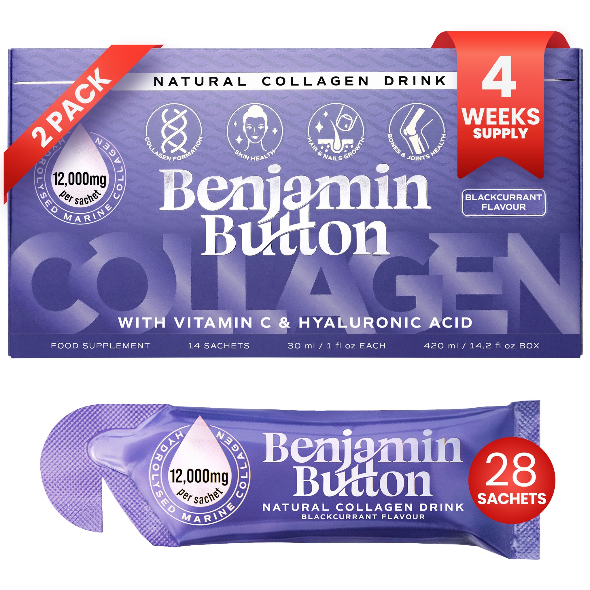 Blackcurrant 12,000mg Marine Collagen Liquid Sachets (International)