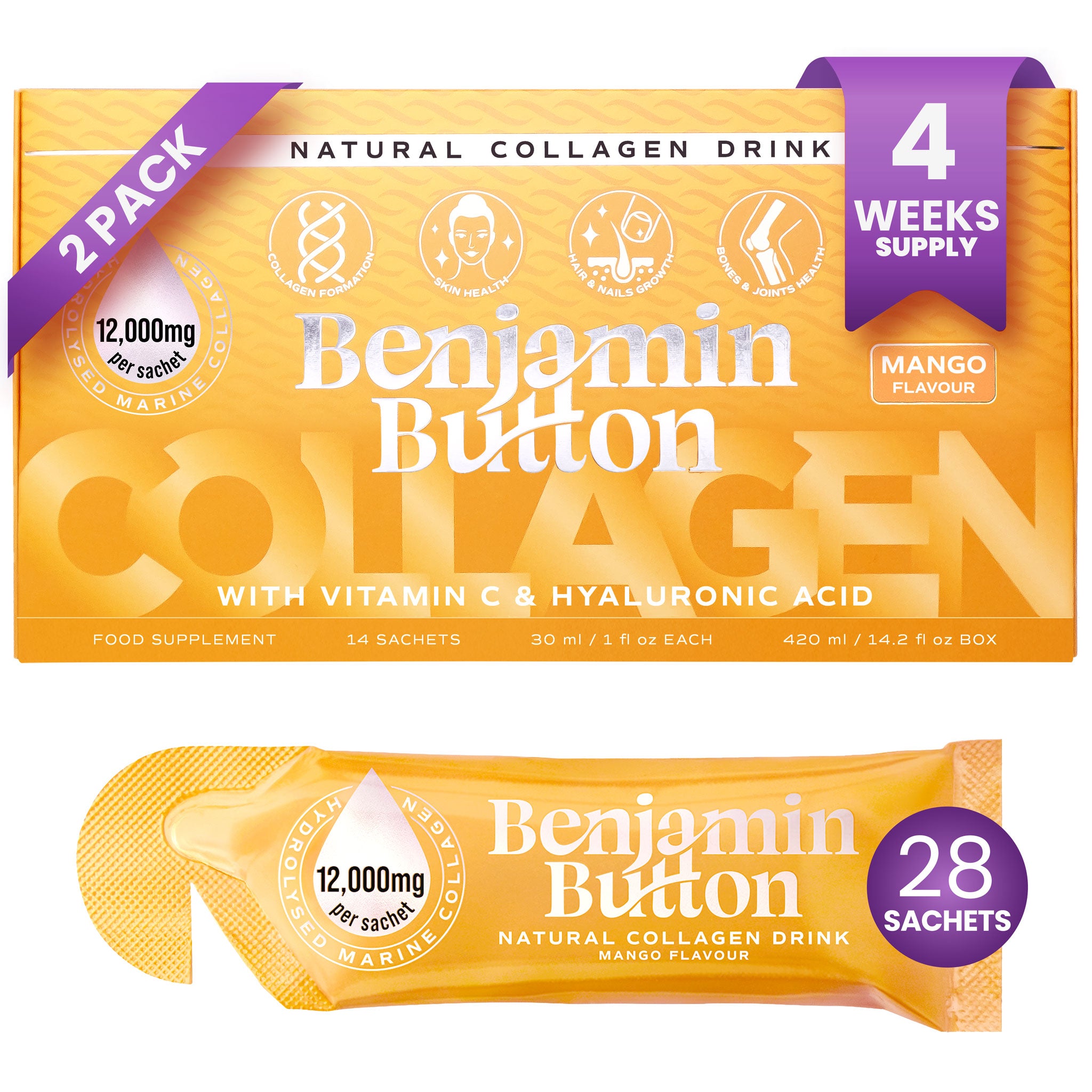 Mango 12,000mg Marine Collagen Liquid Sachets (International)