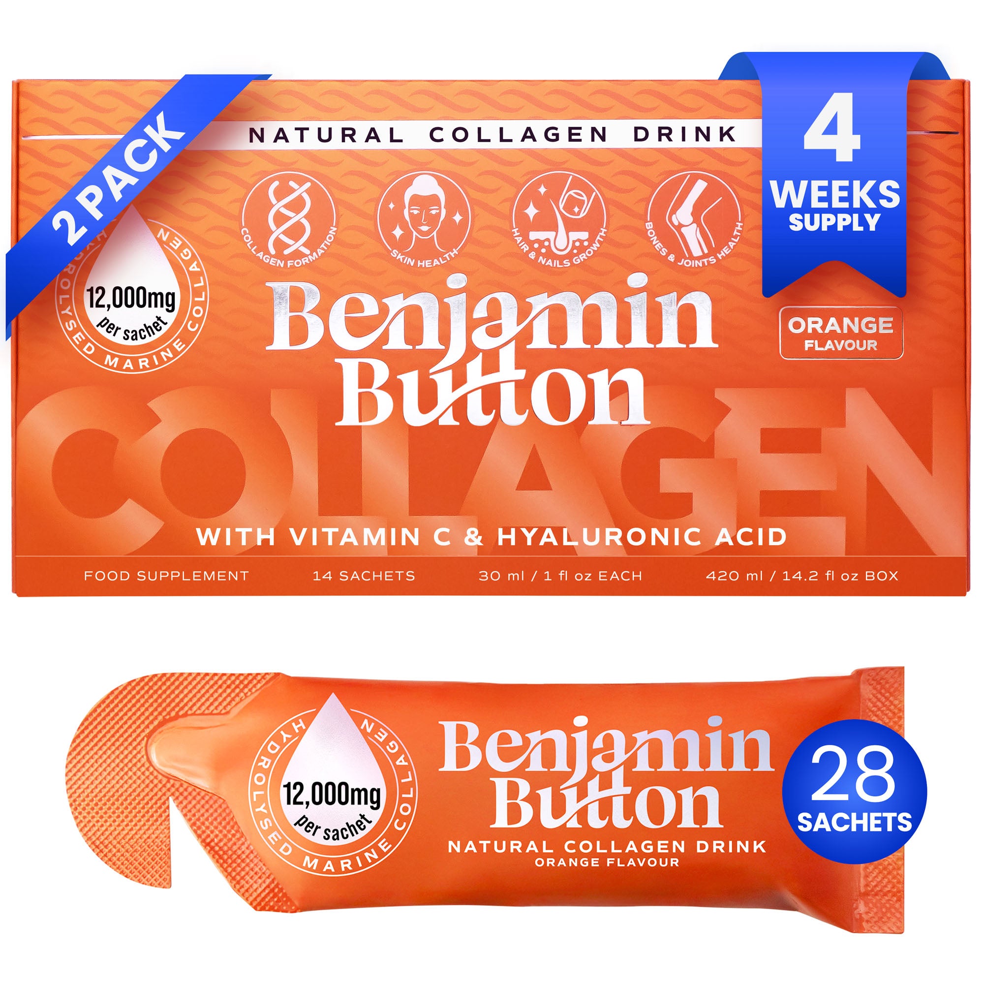28x Orange 12.000 mg Meereskollagen Flüssigkeitsbeutel